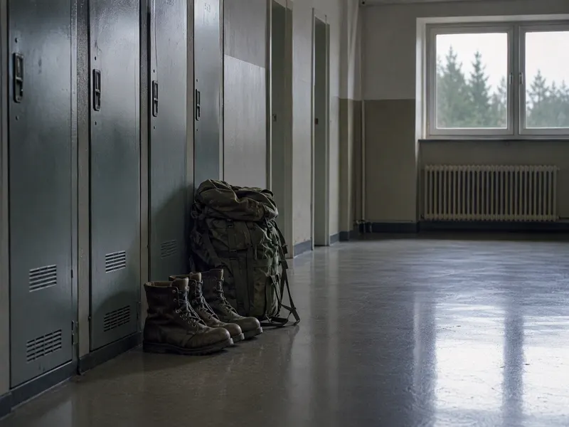 Flur einer Kaserne mit Spinden, Stiefeln und gepacktem Rucksack